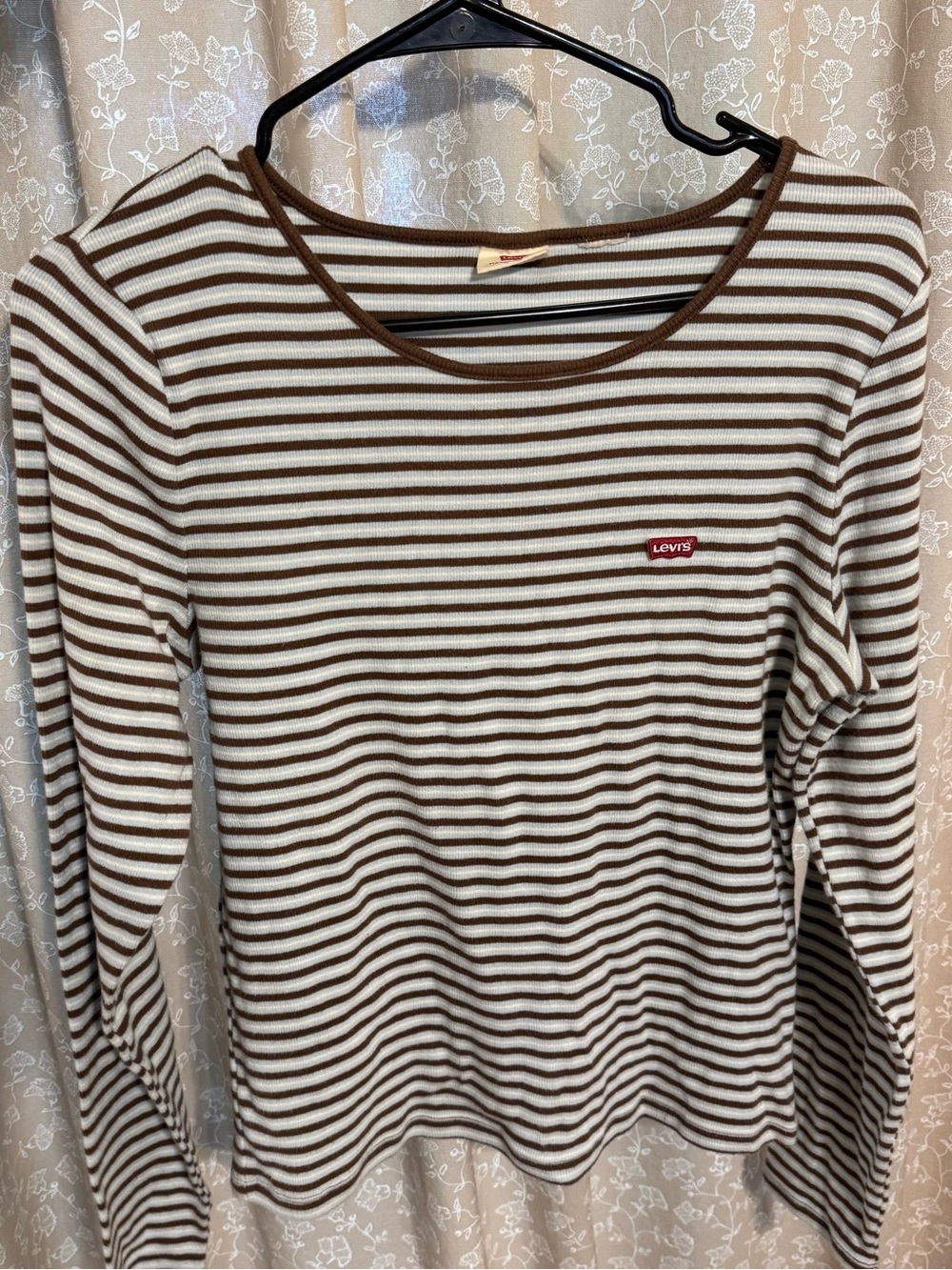 Levi's Striped Ribbed Long Sleeve Baby Tee XL Brown Blue 90s Style